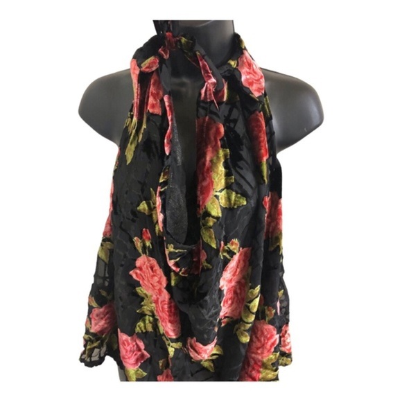 Free People black sheer velvet dark floral cowlneck tie‎ neck blouse size medium - Picture 7 of 16